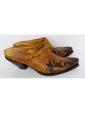 Lucchese Charlie 1 Horse Shoes Western Boho Mules Slip On Brown Leather Size 6B
